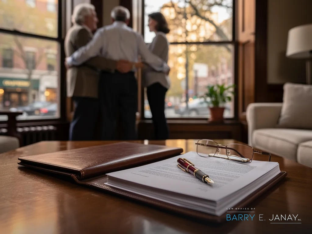 Estate planning attorney shaking hands with clients after finalizing a trust