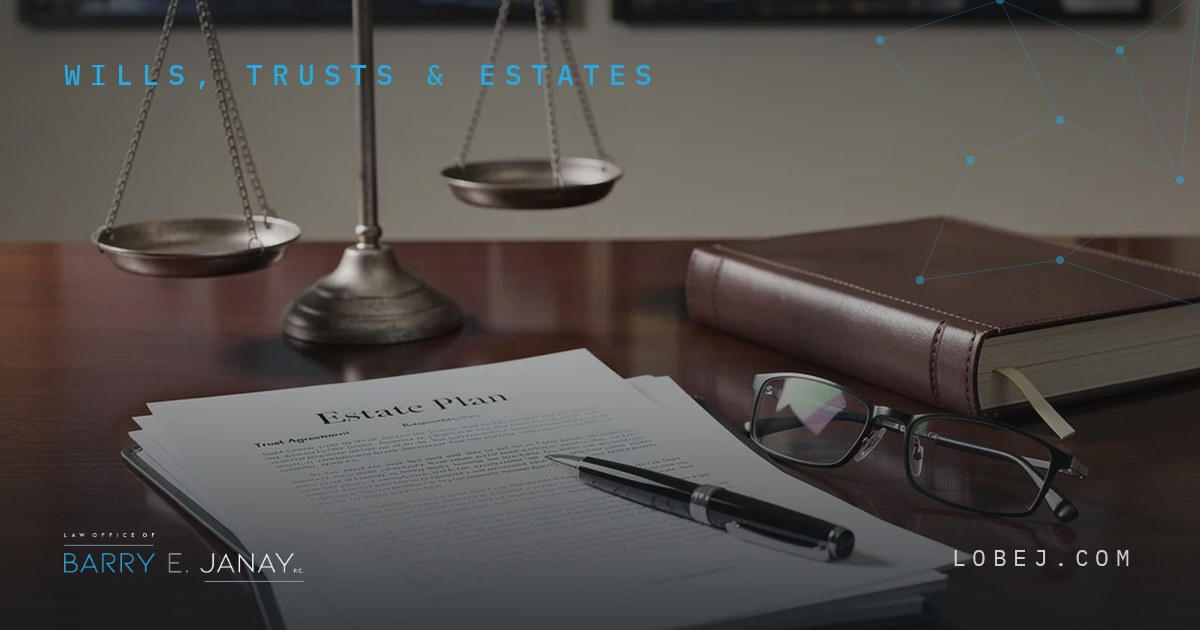 Estate plan documents and scales of justice in a New York and New Jersey law office