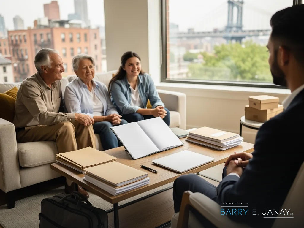 Attorney reviewing wills and trust documents with a New Jersey family