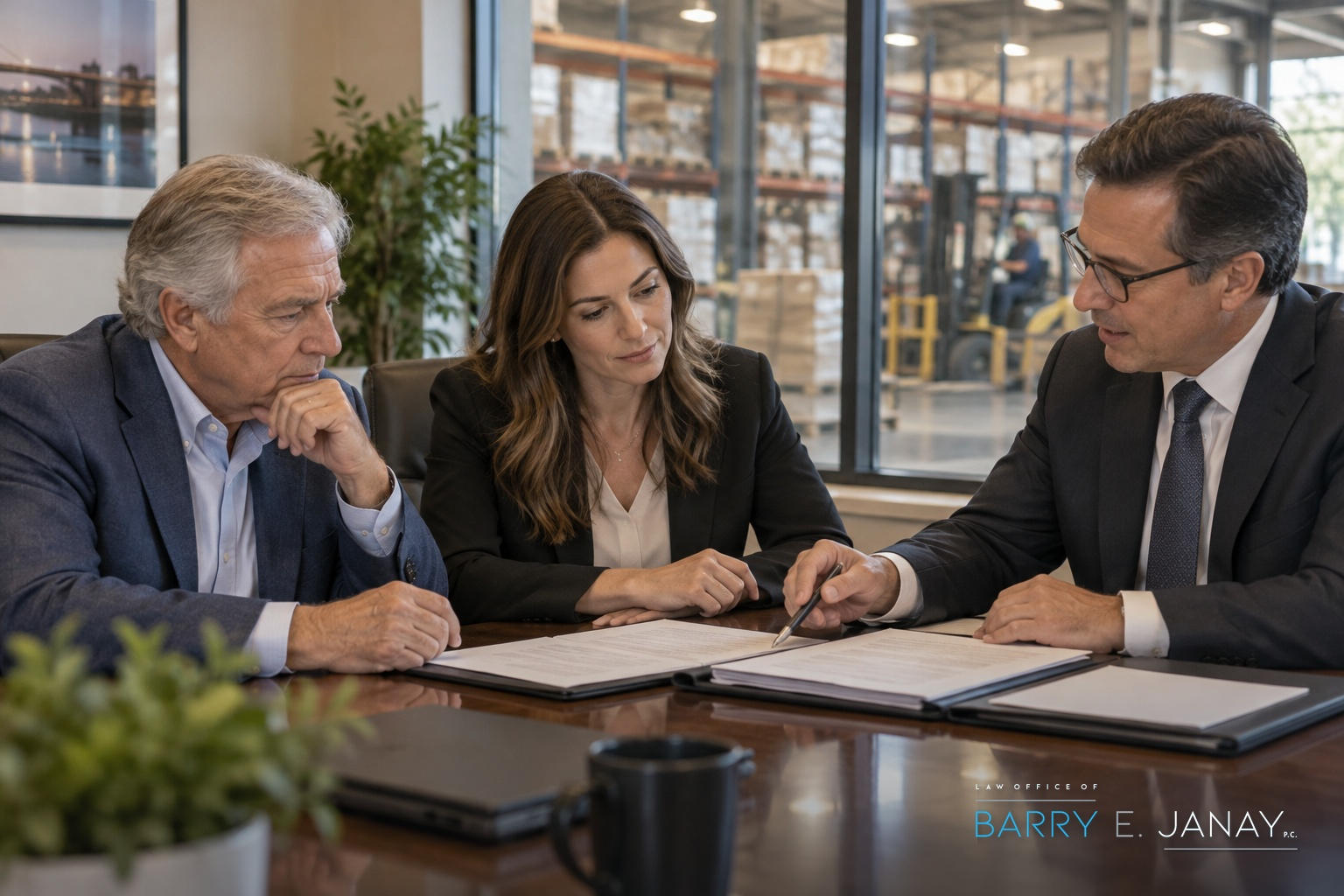 Family business owner and his daughter reviewing buy-sell and operating agreements with an attorney